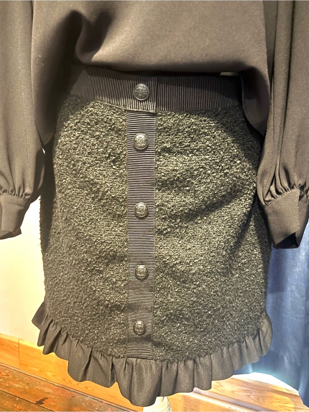 LOFT Black Bouclé Mini Skirt with Button Trim